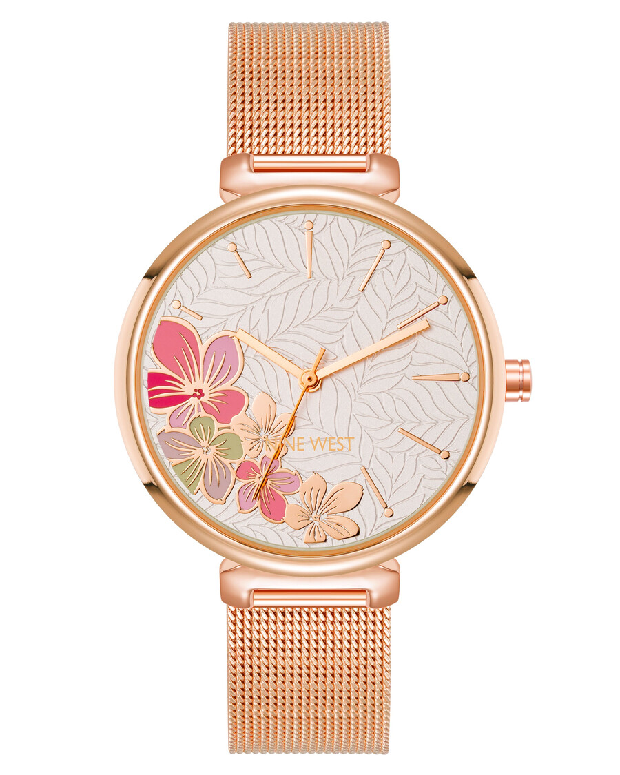 orologio con quadrante floreale e bracciale in maglia metallica