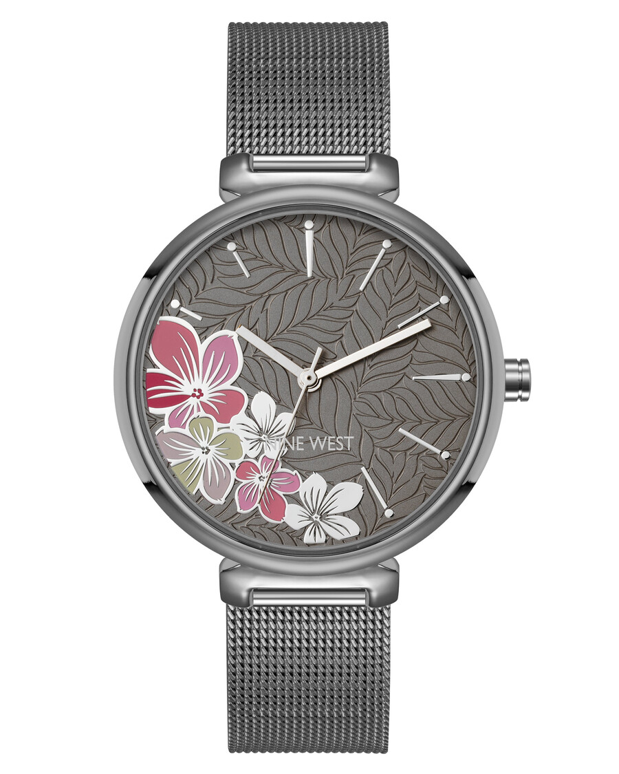 orologio con quadrante floreale e bracciale in maglia metallica