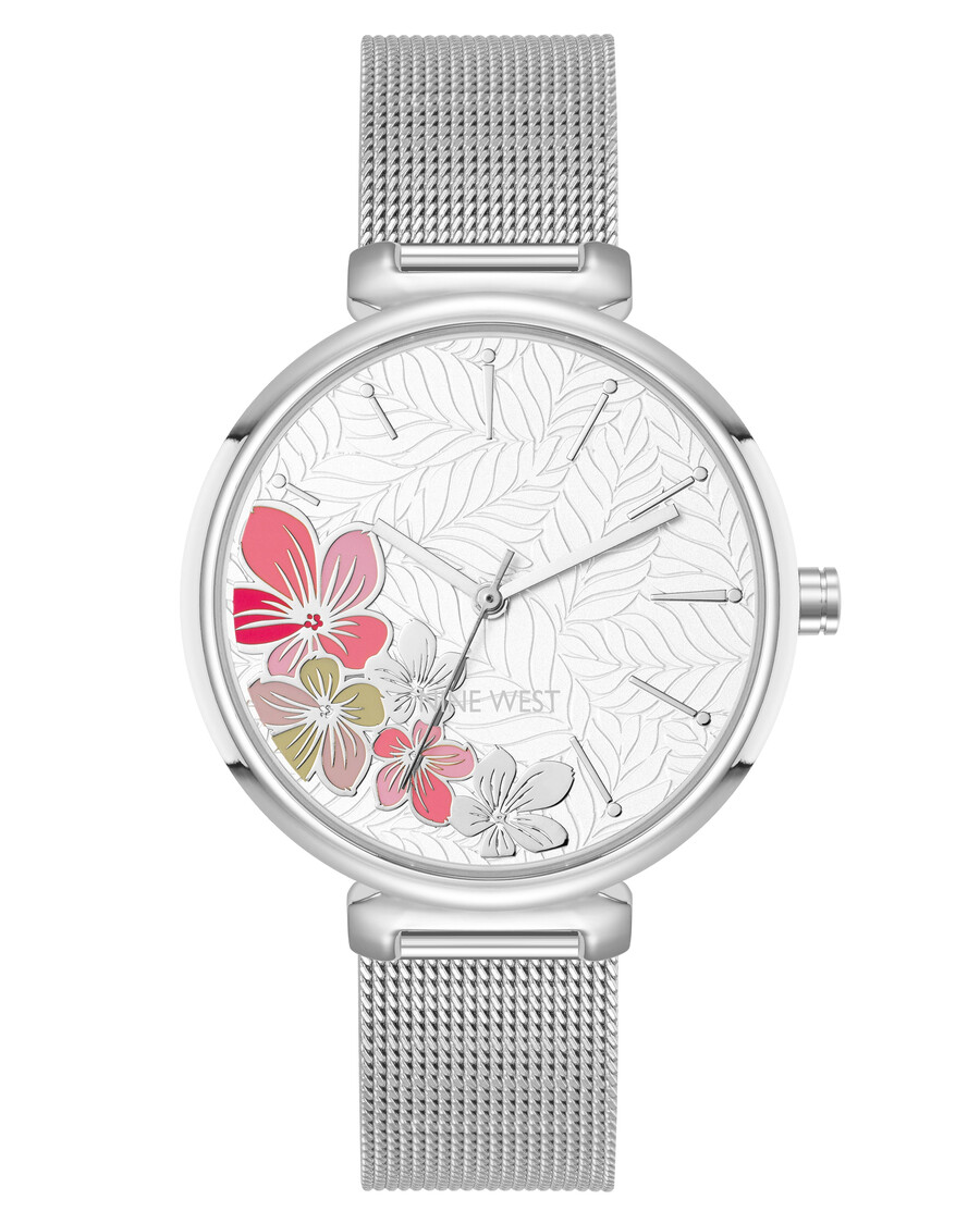orologio con quadrante floreale e bracciale in maglia metallica